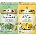 Twinings Tea Variety 2-Pack - Pure Peppermint + Lemon & Ginger, Naturally Caffeine-Free Herbal Tea Bags, Individually Wrapped, 20 Count Each