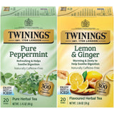 Twinings Tea Variety 2-Pack - Pure Peppermint + Lemon & Ginger, Naturally Caffeine-Free Herbal Tea Bags, Individually Wrapped, 20 Count Each