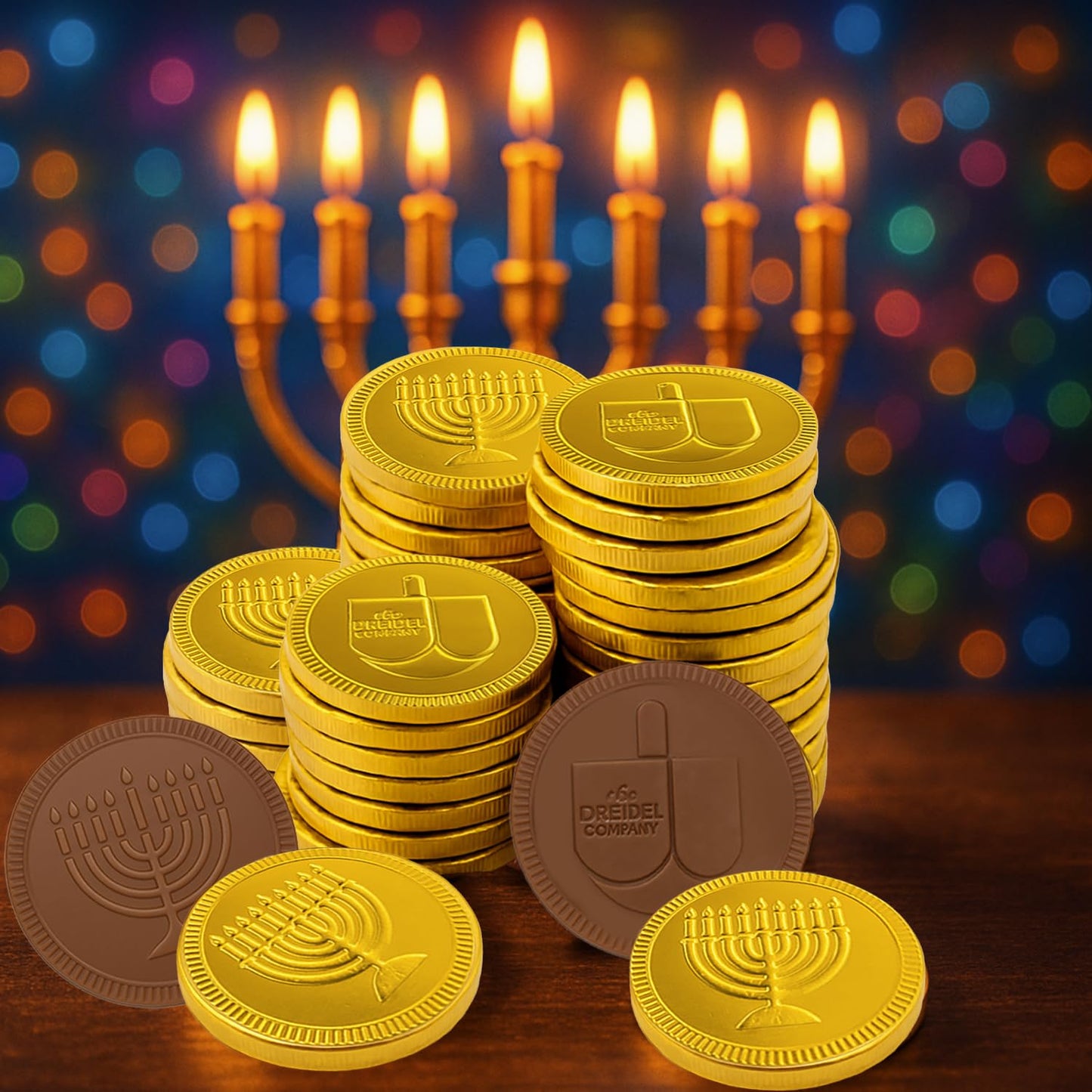 The Dreidel Company Hanukkah Chocolate Gelt, 24-Mesh Bags of Milk Chocolate Coins, Kosher Certified OU-D Dairy Dreidel and Menorah Design Chanukah