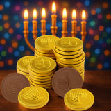 The Dreidel Company Hanukkah Chocolate Gelt, 24-Mesh Bags of Milk Chocolate Coins, Kosher Certified OU-D Dairy Dreidel and Menorah Design Chanukah