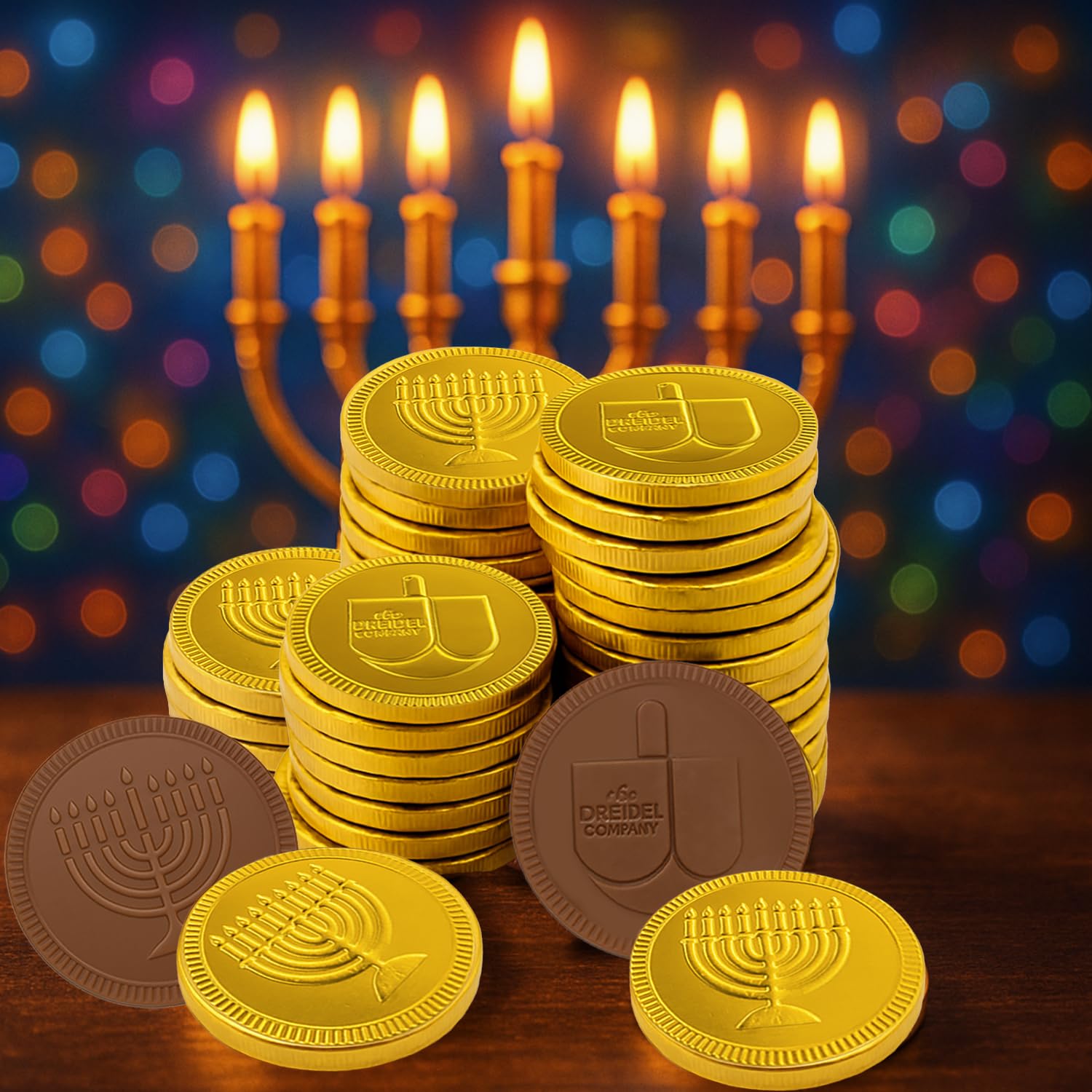 The Dreidel Company Hanukkah Chocolate Gelt, 24-Mesh Bags of Milk Chocolate Coins, Kosher Certified OU-D Dairy Dreidel and Menorah Design Chanukah