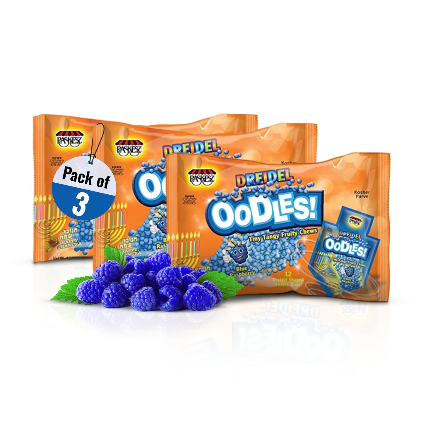 Only Kosher Candy Oodles Dreidel, Blue Raspberry Flavored Tiny Tangy Fruity Chews Candy Kosher Certified Dreidel Shaped 12 Pouch Bags for All