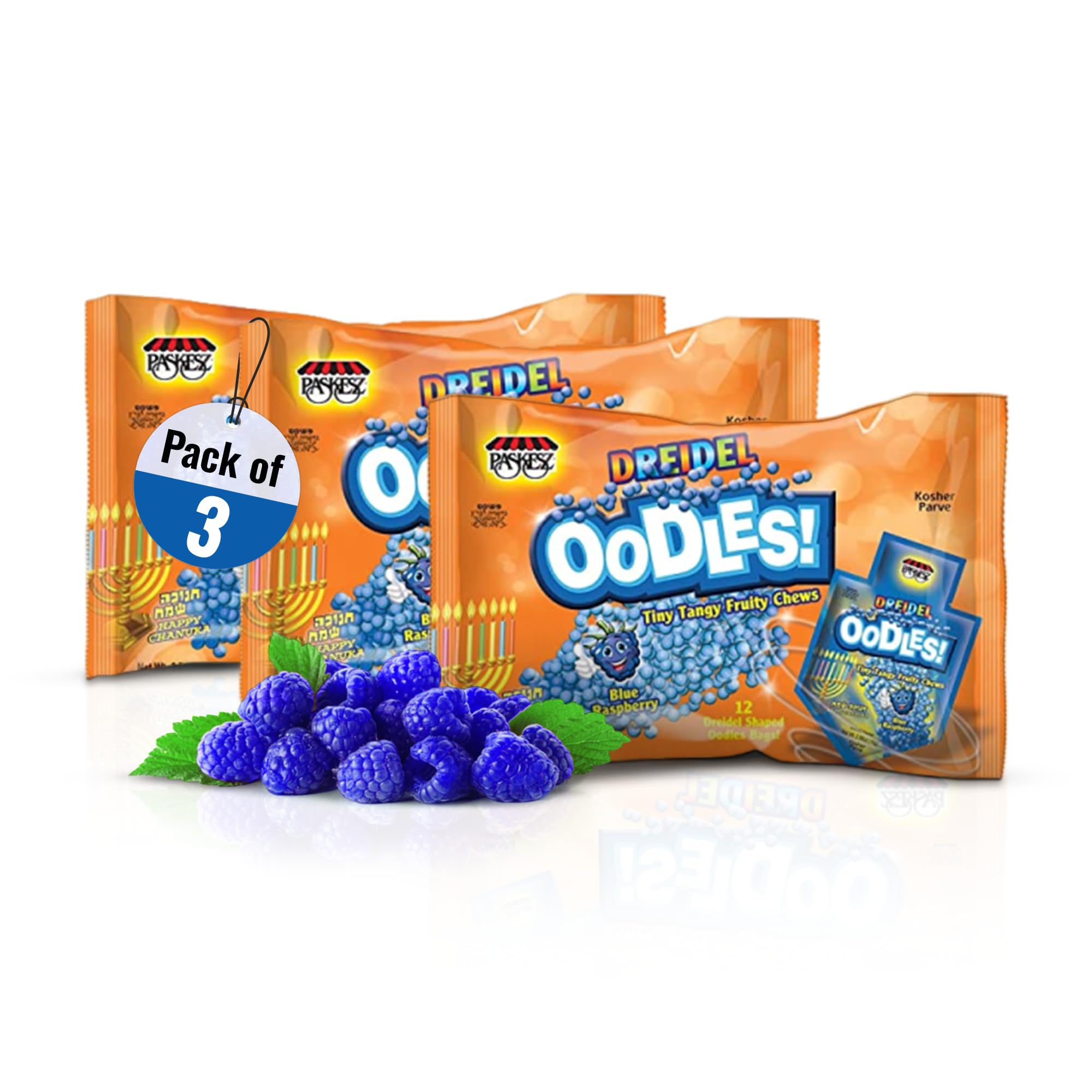 Only Kosher Candy Oodles Dreidel, Blue Raspberry Flavored Tiny Tangy Fruity Chews Candy Kosher Certified Dreidel Shaped 12 Pouch Bags for All