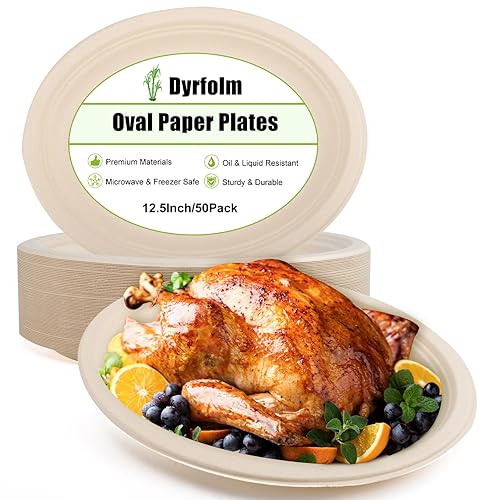 Dyrfolm 12.5 Inch Oval Paper Plates,50 Pack Disposable Paper Plates,Heavy Duty Disposable Oval Paper Dinner Plates,Large Oval Paper Plates