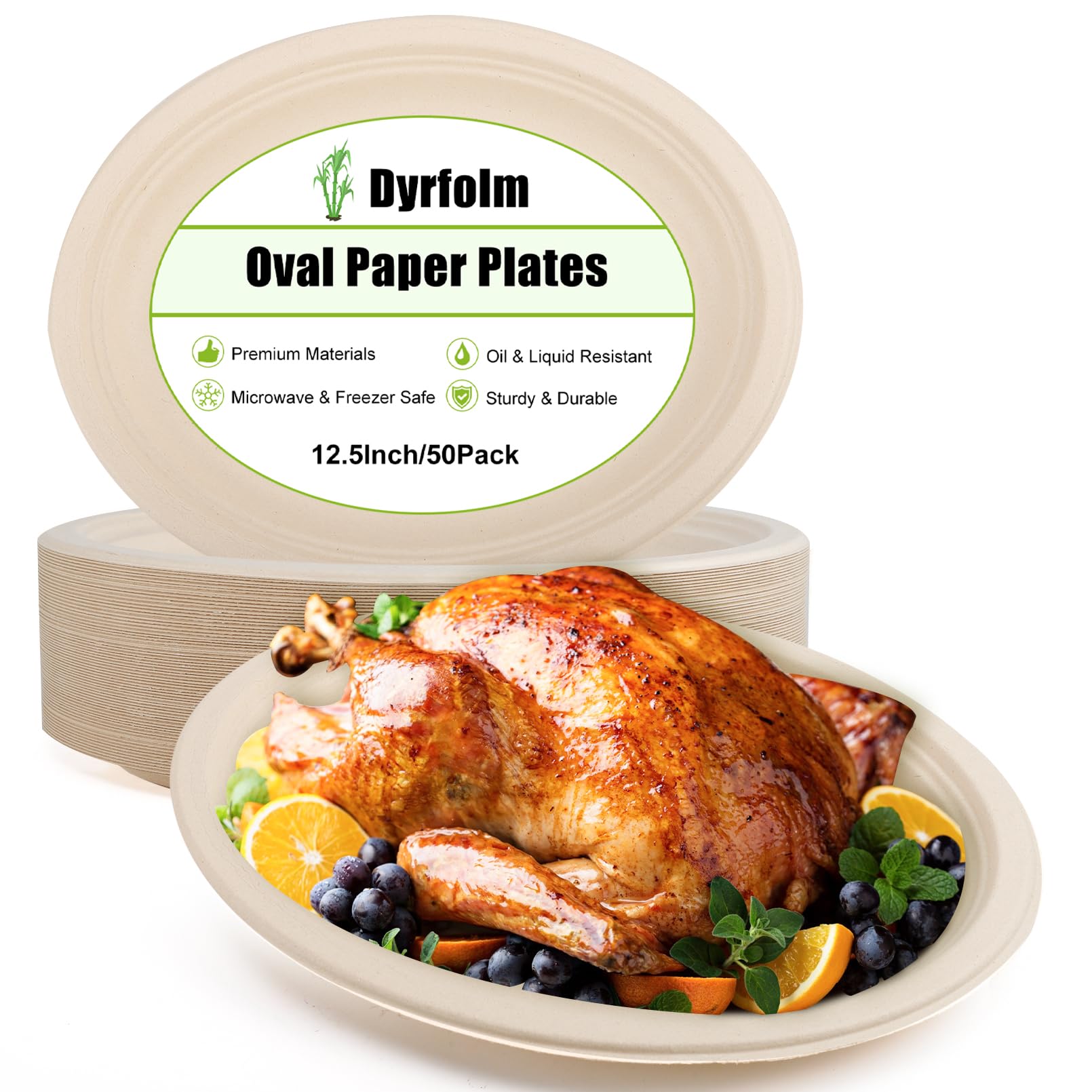 Dyrfolm 12.5 Inch Oval Paper Plates,50 Pack Disposable Paper Plates,Heavy Duty Disposable Oval Paper Dinner Plates,Large Oval Paper Plates
