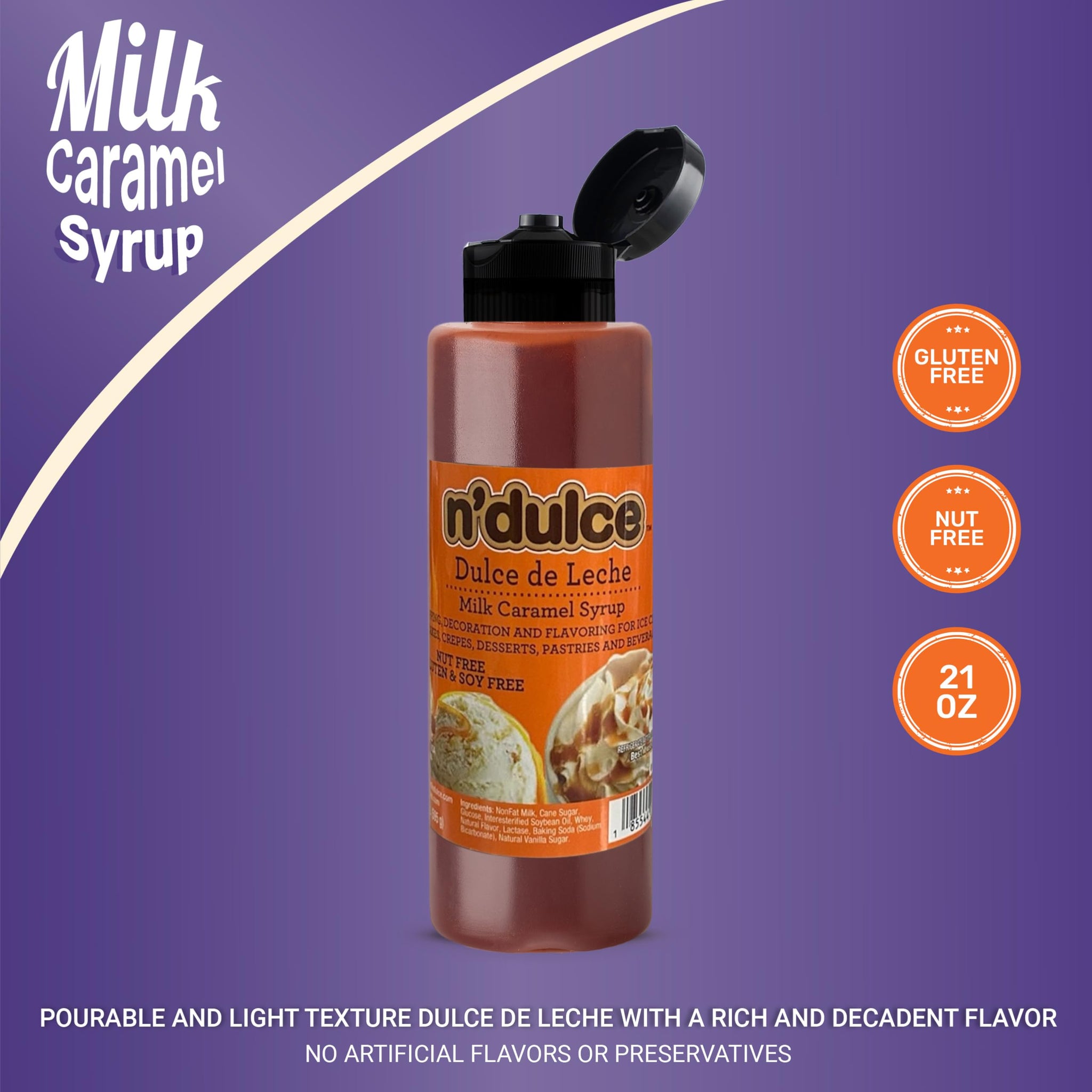 N’DULCE Dulce De Leche Syrup, Caramel for Coffee, Caramel sauce, Light Texture and Rich Flavor, Gluten-free, Nut-free, Pourable Syrup for Beverages, Desserts & Pastries - 21 oz