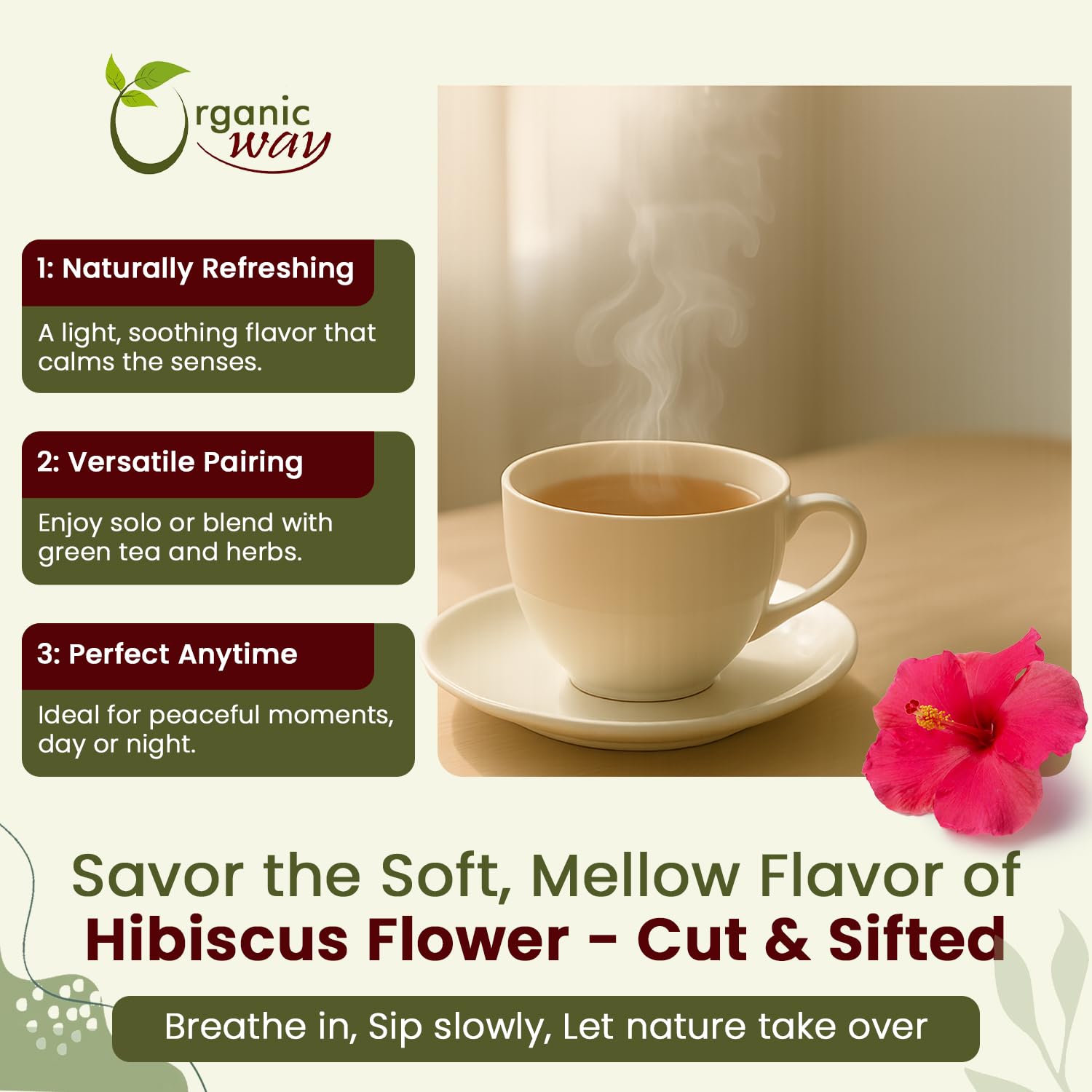 Organic Way Dried Hibiscus Flower Cut & Sifted (Hibiscus rosa-sinensis) | Herbal Tea - Organic & Kosher Certified | Raw, Vegan, Non GMO & Gluten Free