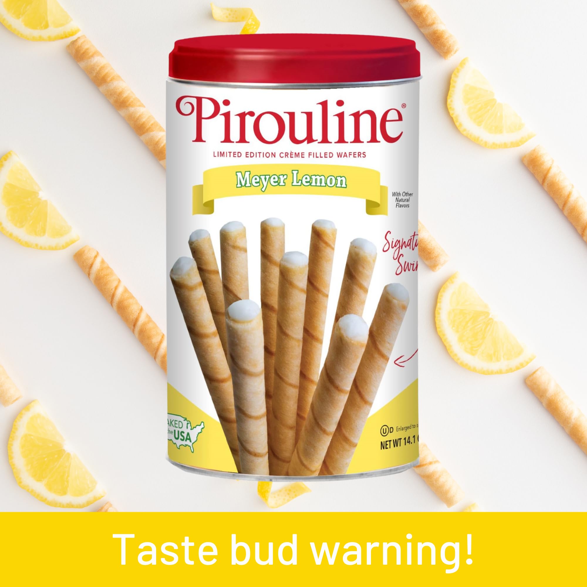 Pirouline Creme Filled Wafers Cookies - Meyer Lemon Flavored - 14.1 ounce (400 gram) Can
