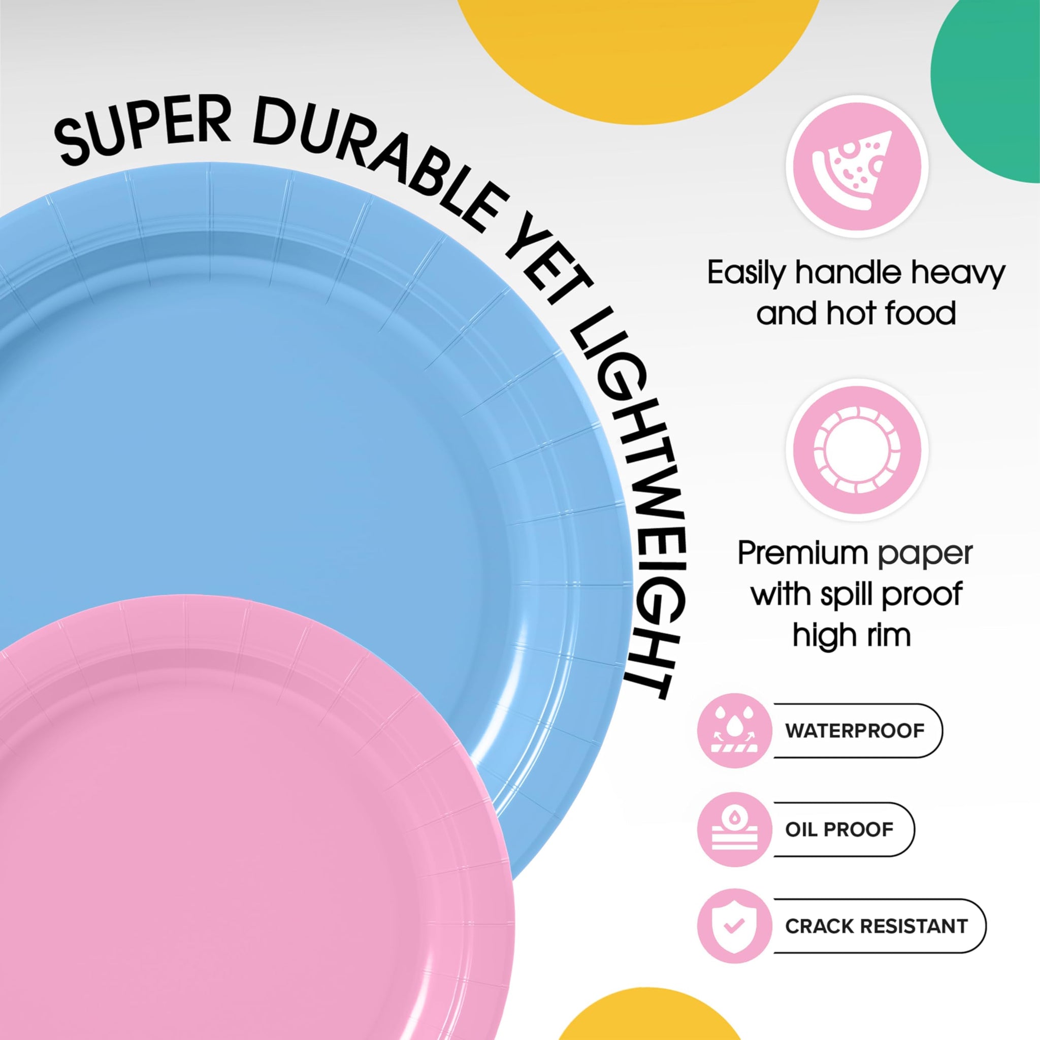 Party Solids Exquisite Light Blue & Pink Mixed Paper Plates - 7" & 9", 200 Pack (100 each), 350 GSM