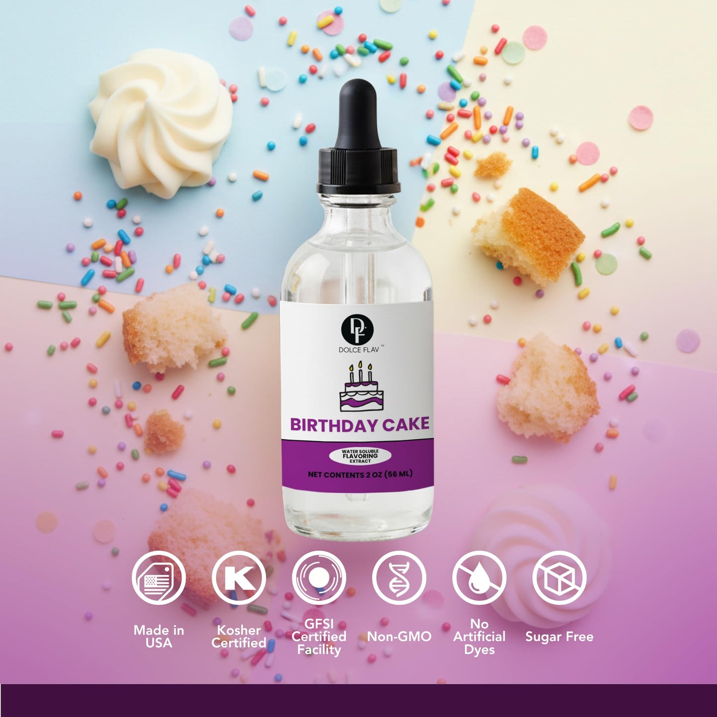 Dolce Flav Birthday Cake Extract - 2 Ounce Water-Soluble Kosher, Sugar-Free, Concentrated Festive Cake Flavoring for Frostings, Cupcakes & Desserts