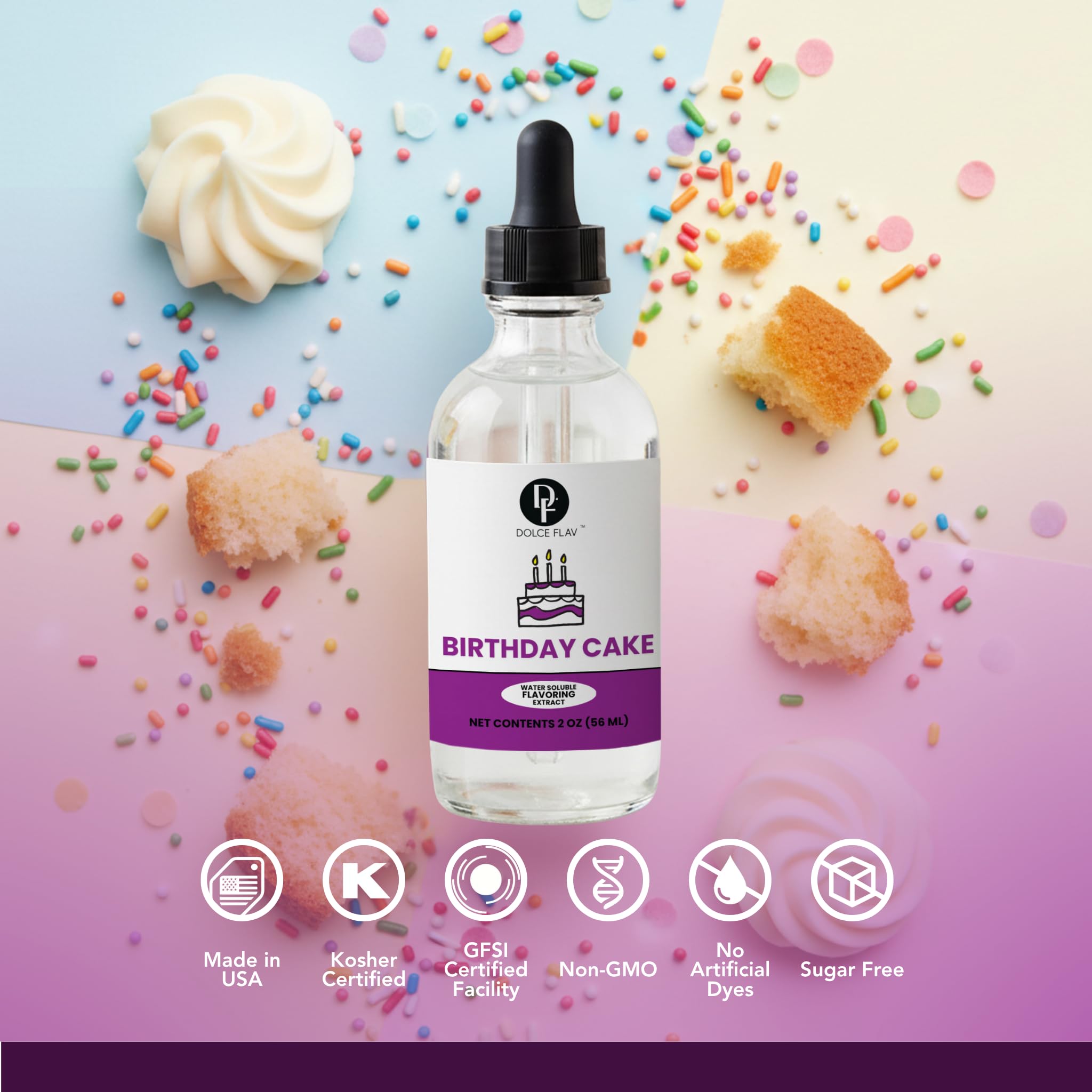 Dolce Flav Birthday Cake Extract - 2 Ounce Water-Soluble Kosher, Sugar-Free, Concentrated Festive Cake Flavoring for Frostings, Cupcakes & Desserts