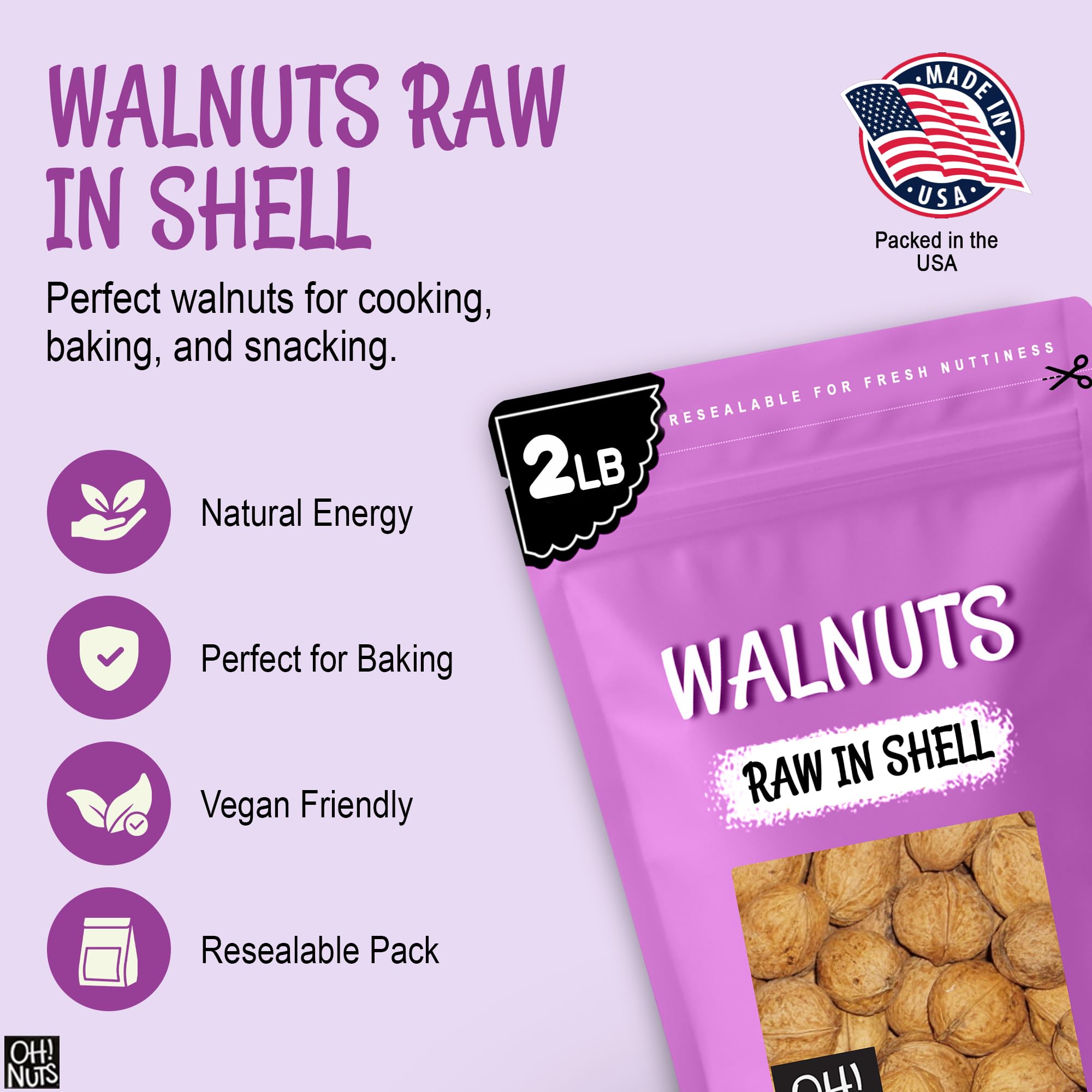 Oh! Nuts Walnuts in Shell - Raw - 100% Natural - 2 lb - Whole Walnuts for a Healthy Vegan Snack - Packed in New York Zip-Seal Bag for Exceptional
