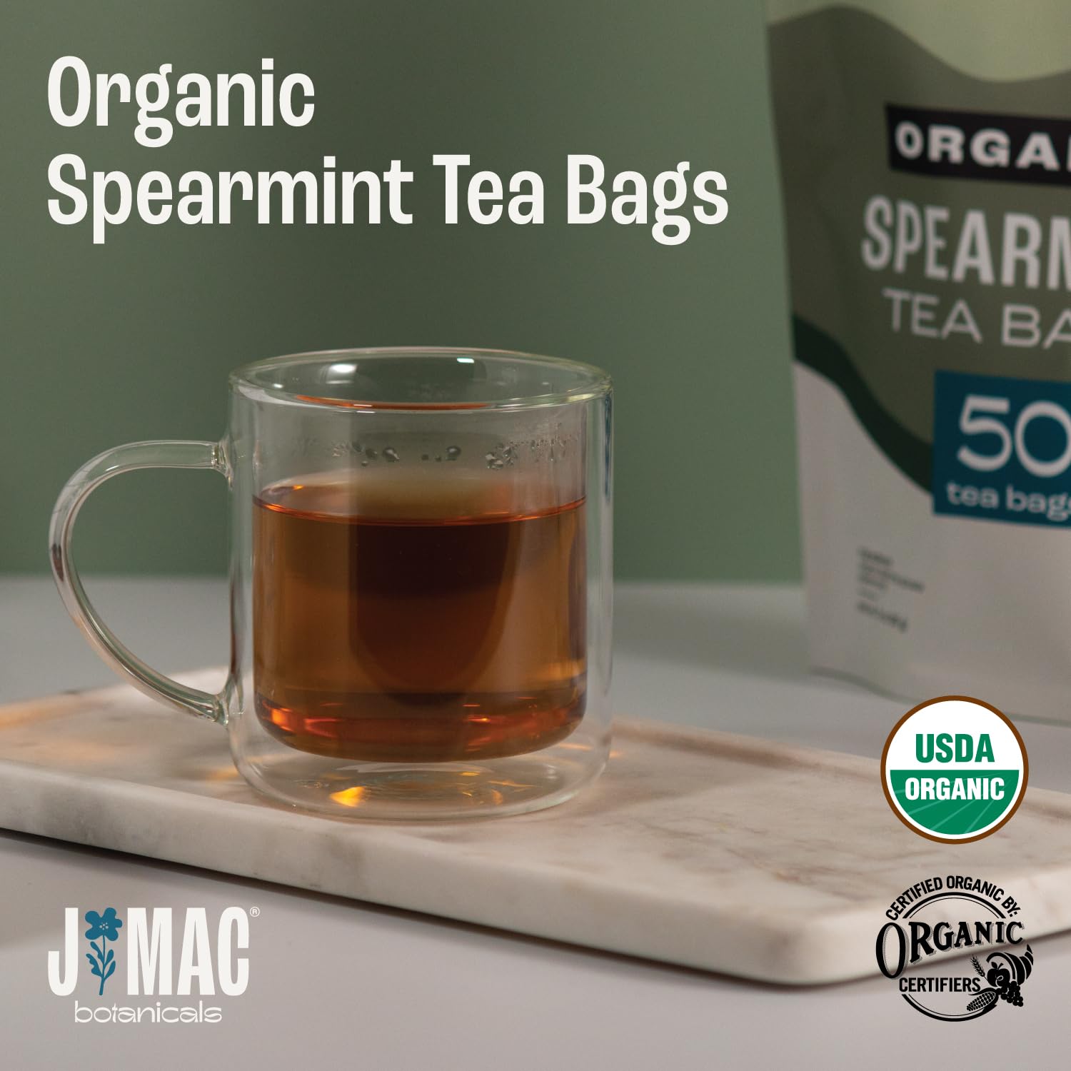 J Mac Botanicals Organic Spearmint Tea Bags (100 Count) - Certified by Organic Certifiers, Inc. - Quality Tea From Nile Valley, Egypt, Packaged in the