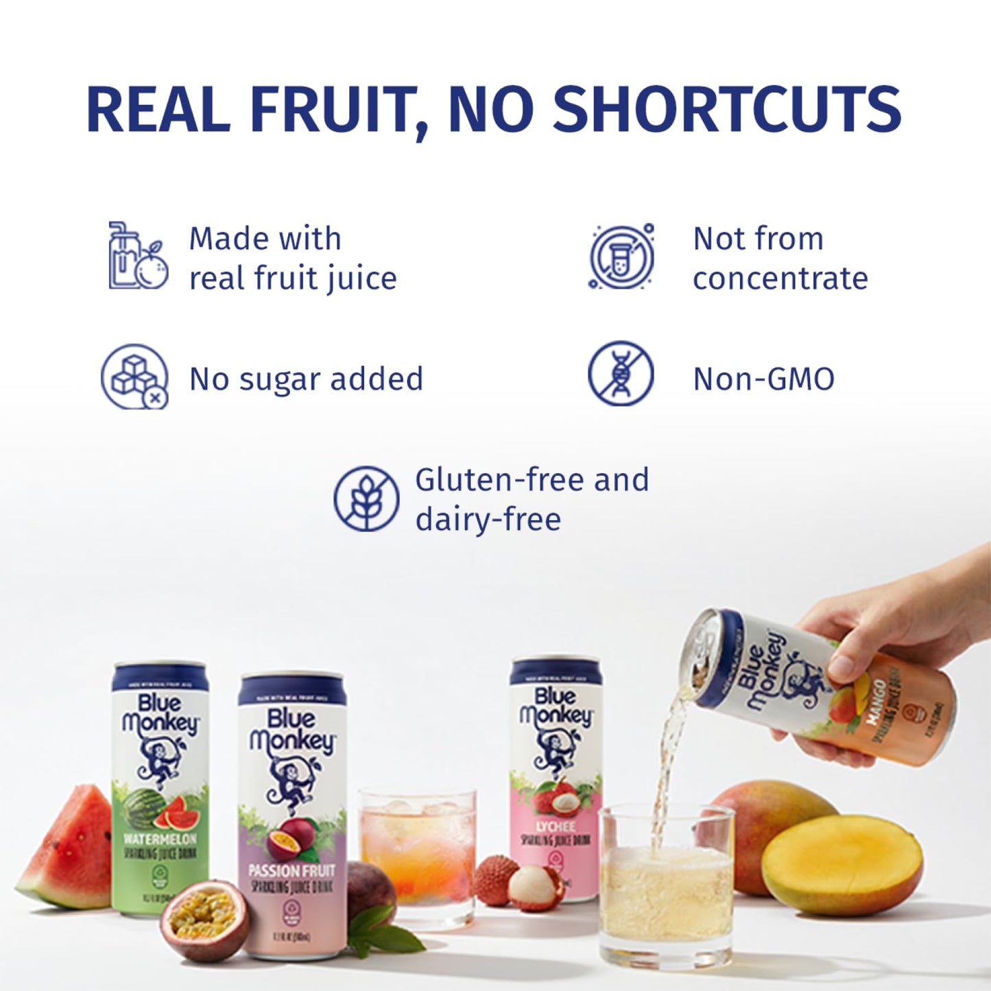 Blue Monkey Sparkling Lychee Juice - Real Fruit Juice, No Sugar Added, All Natural, Lightly Carbonated, Halal Certified - Refreshing Tropical