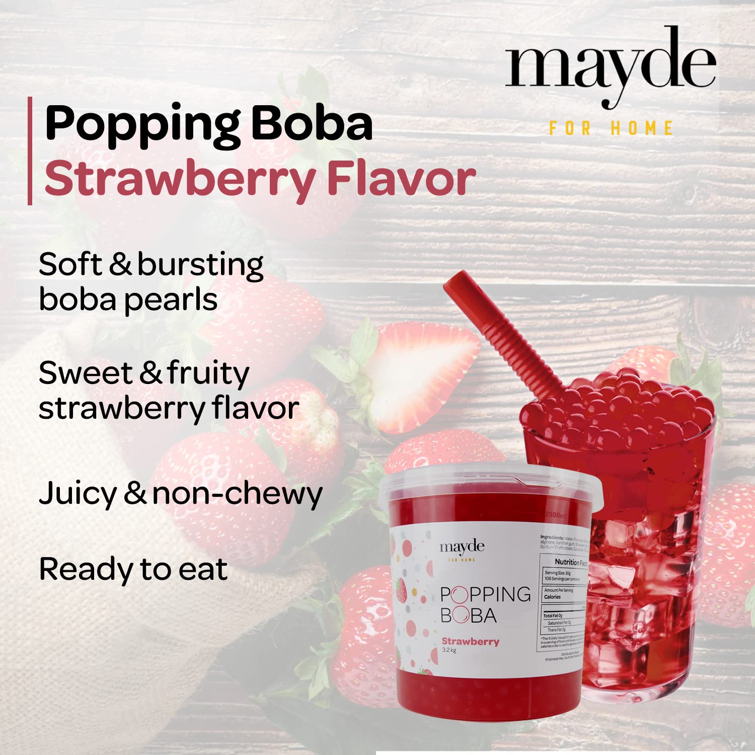 Mayde Popping Boba Pearls, Strawberry Boba Popping Pearls, Bursting Balls for Drinks, Desserts, & Breakfast Bowls, Strawberry Flavor, 7 Pounds
