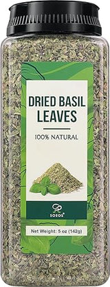 Soeos Basil Leaves, 5 oz (142g), Cut and Sifted, Dried Basil Leaves, Pairs Well with Pasta, Salad, Pizza, Sauces, Poultry, An Essential Seasoning