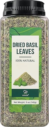 Soeos Basil Leaves, 5 oz (142g), Cut and Sifted, Dried Basil Leaves, Pairs Well with Pasta, Salad, Pizza, Sauces, Poultry, An Essential Seasoning