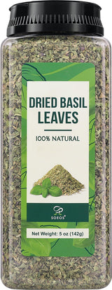 Soeos Basil Leaves, 5 oz (142g), Cut and Sifted, Dried Basil Leaves, Pairs Well with Pasta, Salad, Pizza, Sauces, Poultry, An Essential Seasoning