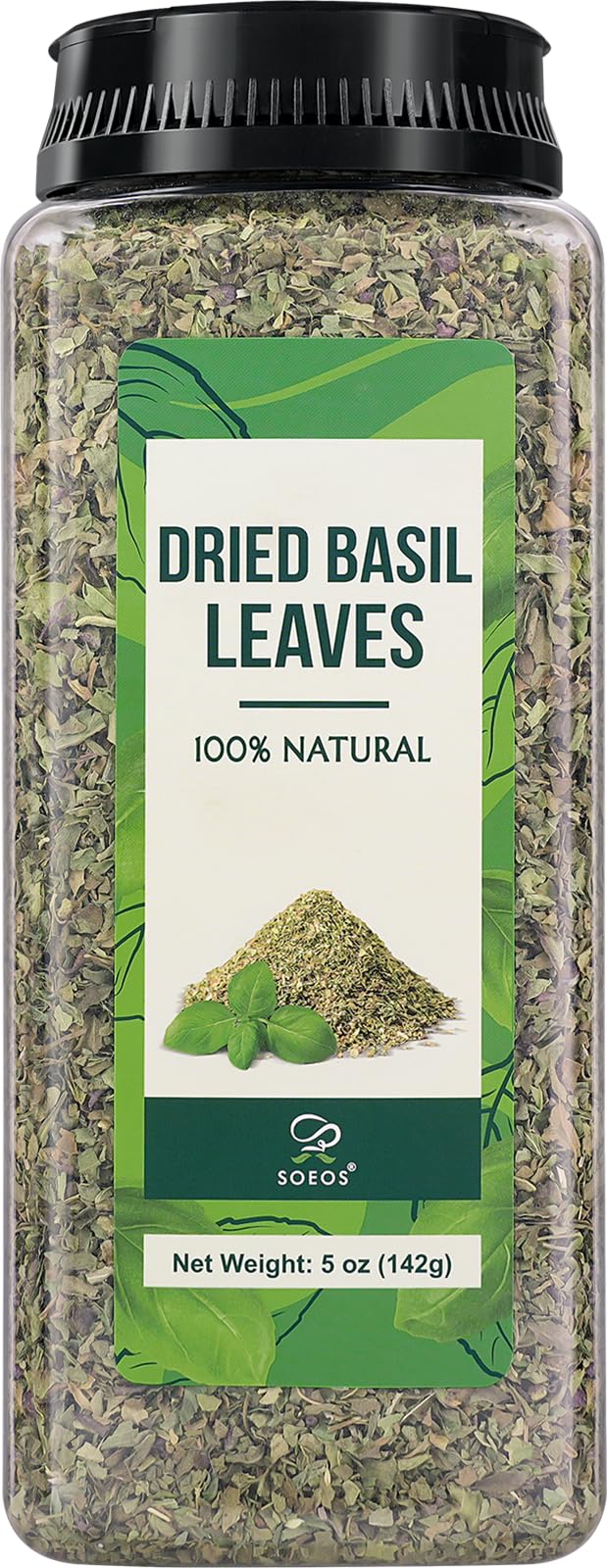 Soeos Basil Leaves, 5 oz (142g), Cut and Sifted, Dried Basil Leaves, Pairs Well with Pasta, Salad, Pizza, Sauces, Poultry, An Essential Seasoning