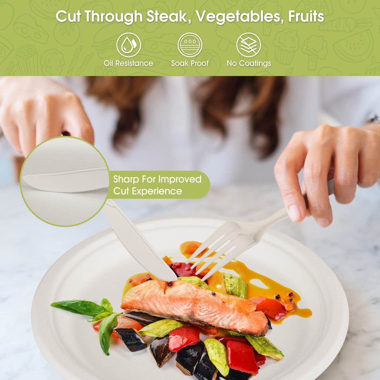 Fuyit 250Pcs Compostable Paper Plates with Cutlery Set, Disposable Biodegradable LONG Utensil Eco-Friendly Dinnerware Includes Plates, Fork, Knife