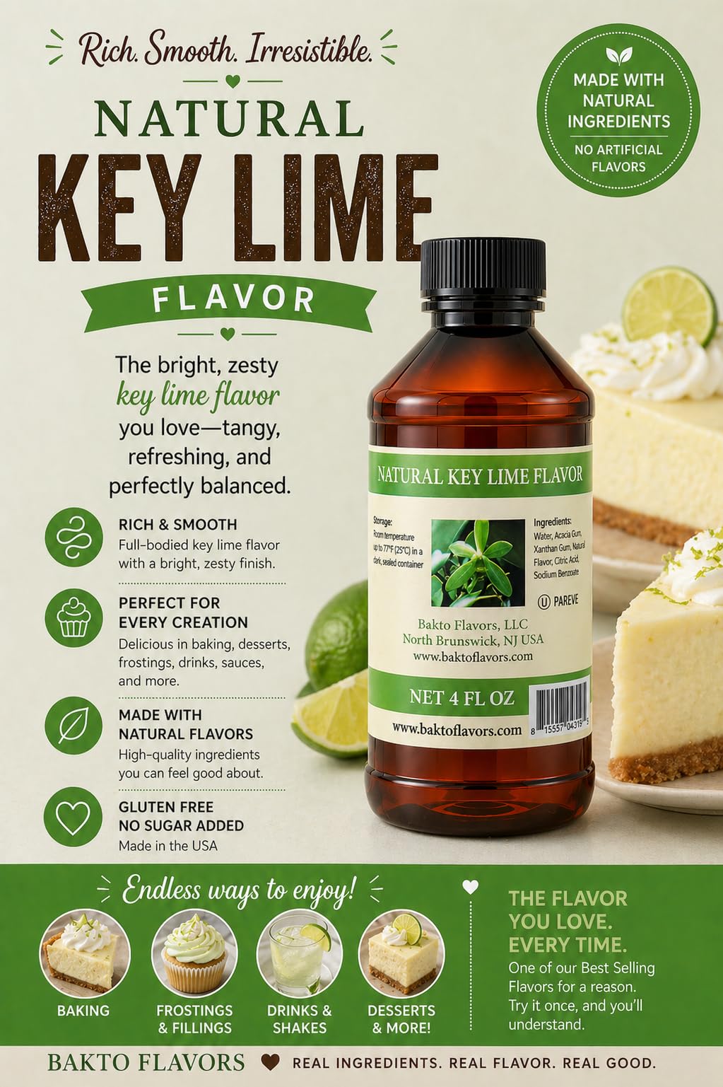 Bakto Flavors Natural Key Lime Flavor Emulsion, 4 Fluid Ounces