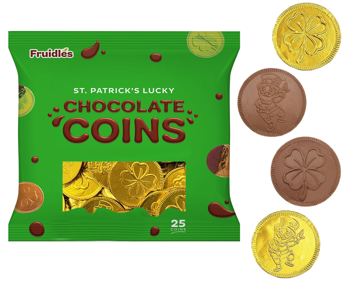 St. Patrick's Day Milk Chocolate Gold Coins 25 Coins, Shamrock & Leprechaun Themed Coins, Parties, Events and Celebrations, Perfect for Gift Bags