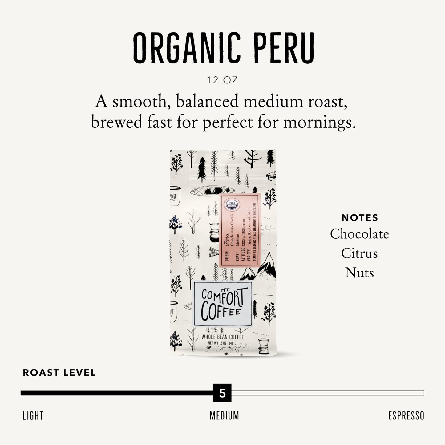 Mt. Comfort Coffee Organic Peru Medium Roast, 12 Ounce (Pack of 1) - Flavor Notes of Nutty, Chocolate, & Citrus - Sourced From Small, Peruvian Coffee
