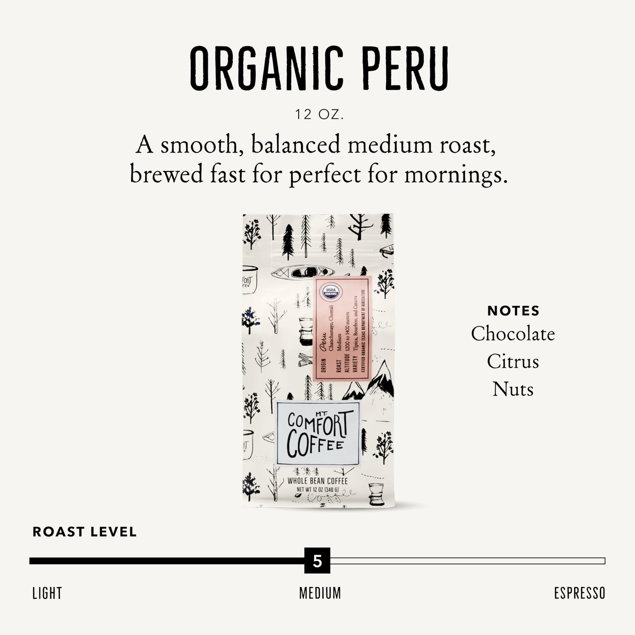 Mt. Comfort Coffee Organic Peru Medium Roast, 12 Ounce (Pack of 1) - Flavor Notes of Nutty, Chocolate, & Citrus - Sourced From Small, Peruvian Coffee