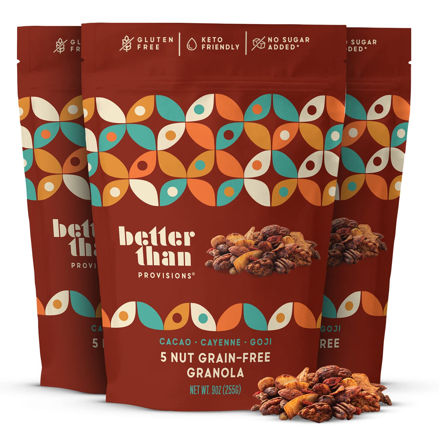 Better Than Provisions 5 Nut Grain-Free Granola, Keto Food, 3 Pack of Cacao Cayenne Goji, with Almonds, Macadamia Nuts, Walnuts, Hazelnuts, Pecans