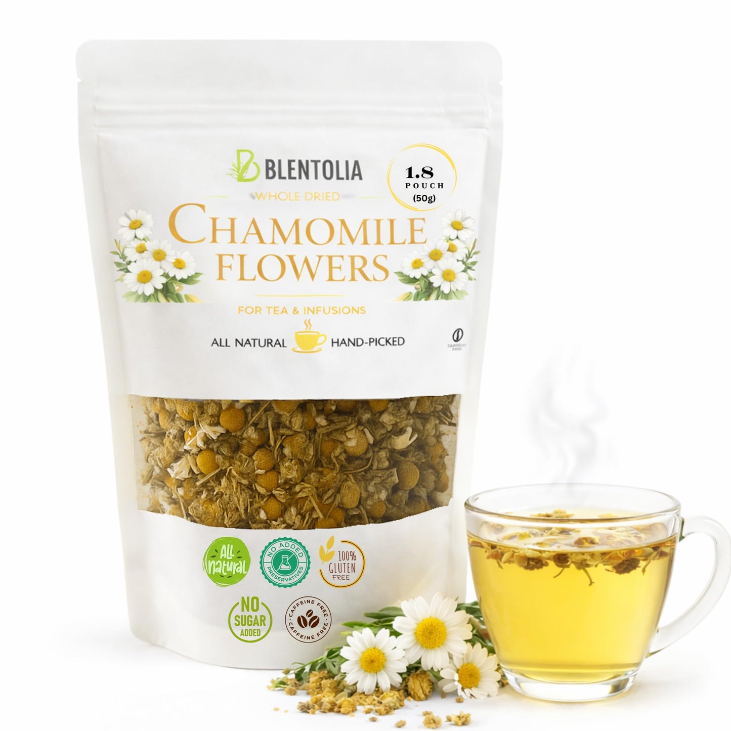 Blentolia Dried Chamomile Flowers - 100% Natural Herbal Tea - Whole Blossoms for Calming Sleep, Relaxation, and Wellness - Caffeine-Free, Non-GMO