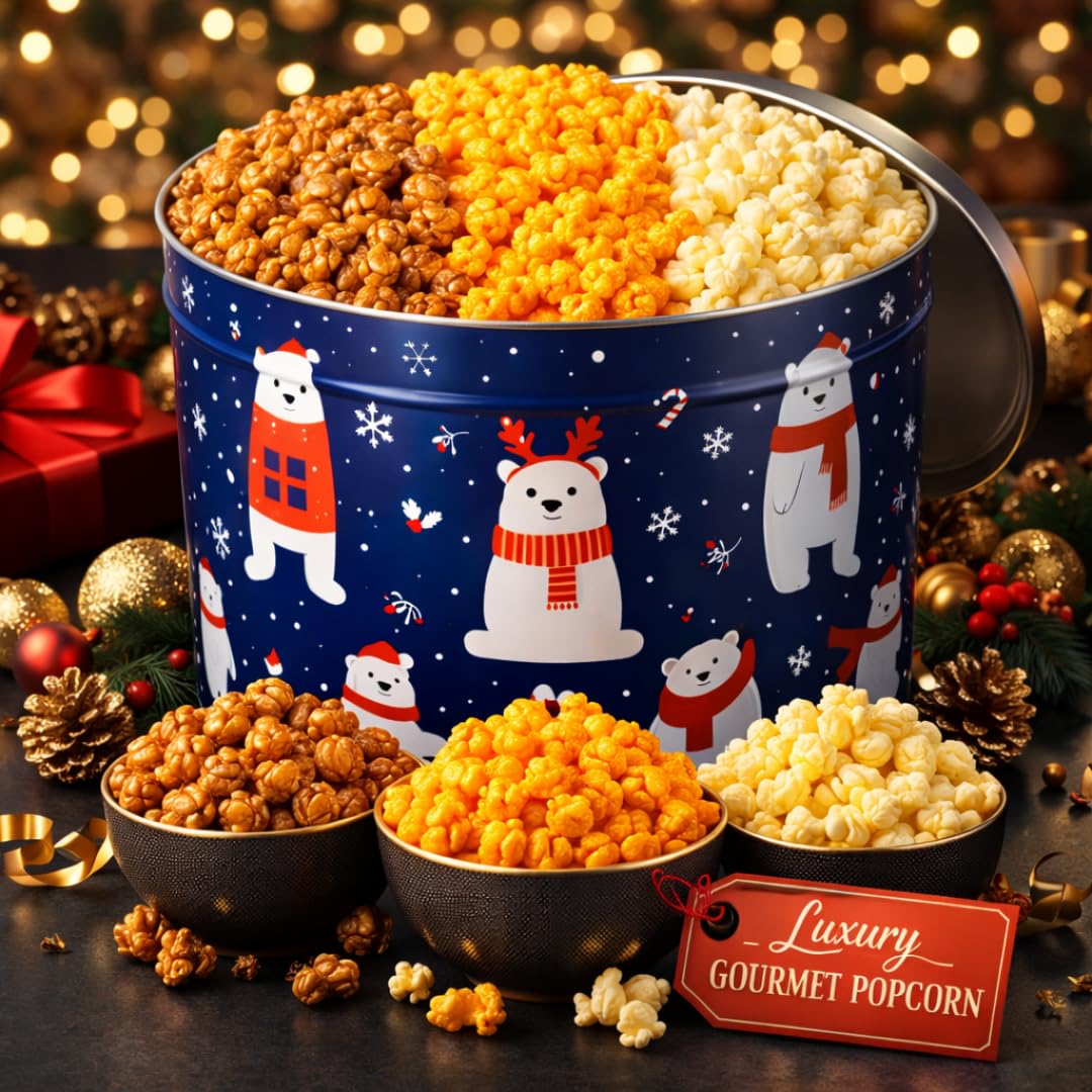 2 Gallon Christmas Popcorn Tin - 3 Flavor Gourmet Holiday Gift Basket - Caramel, Cheddar Cheese & Butter Popcorn - Large Festive Snack Gift