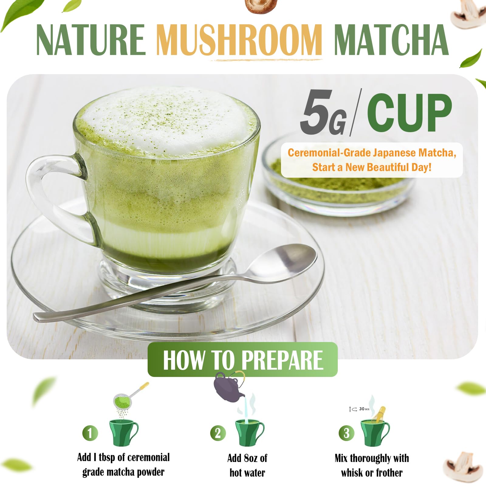 Mushroom Matcha Powder, Japanese Ceremonial Matcha Infused With 7 Superfood Mushrooms, MCT Oil, Coconut Milk Powder, Natural, Gluten Free, Taste Great