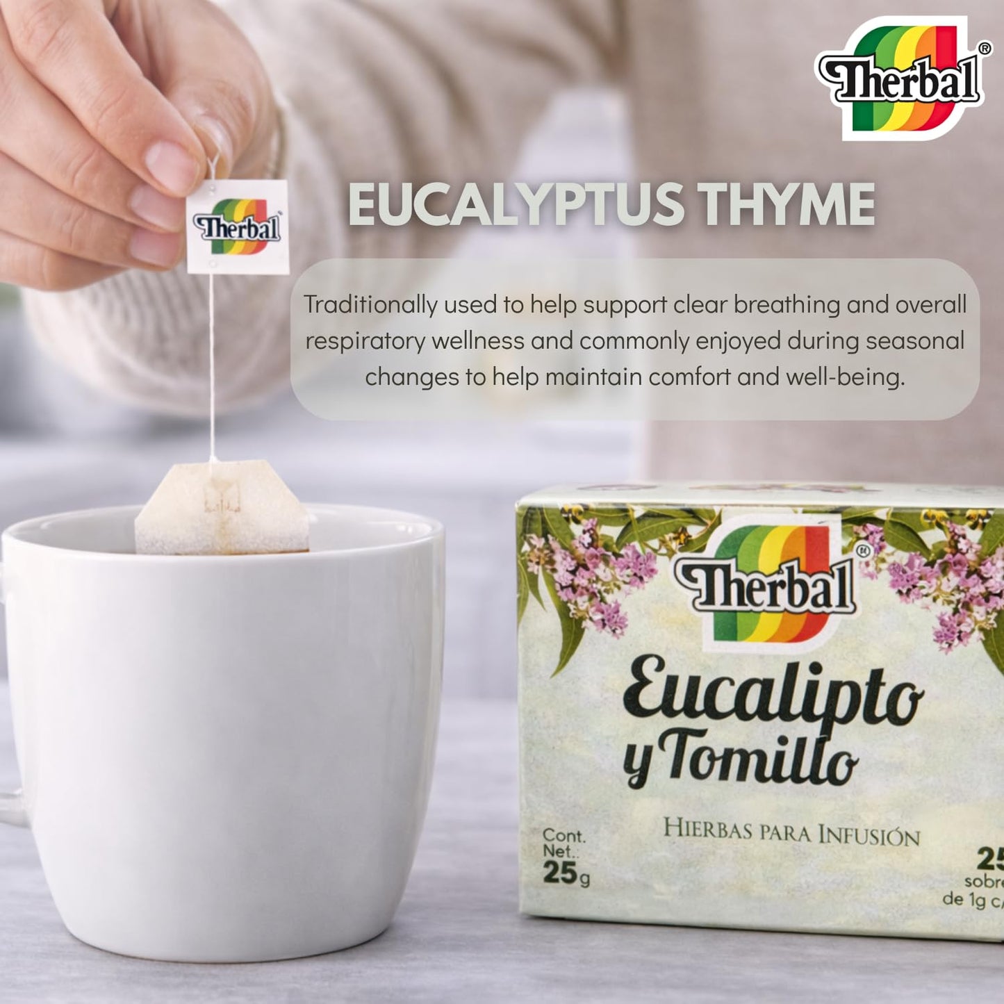 Té de Eucalipto & Tomillo (Eucalyptus & Thyme Tea) - 25 Tea Bags - 100% Natural, Vegan - Premium Therbal Brand