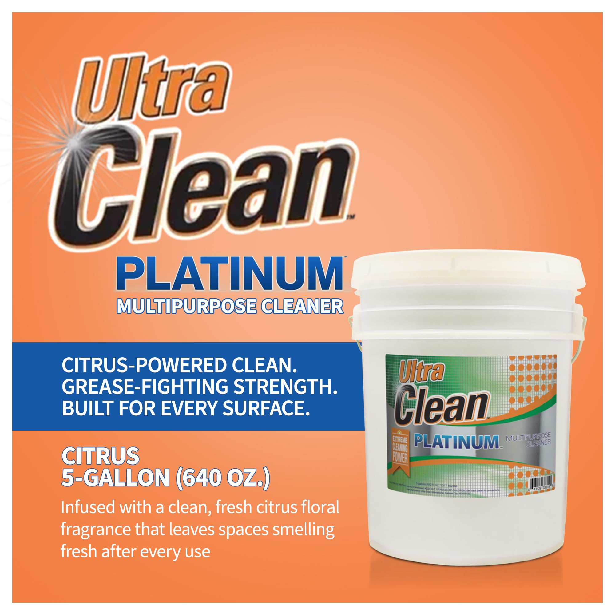 Ultra Clean Platinum Multipurpose Cleaner, Non-Abrasive and Bleach-Free, for Kitchen Counters, Bathroom Floors and Garage Spaces, Citrus, 5 Gallons