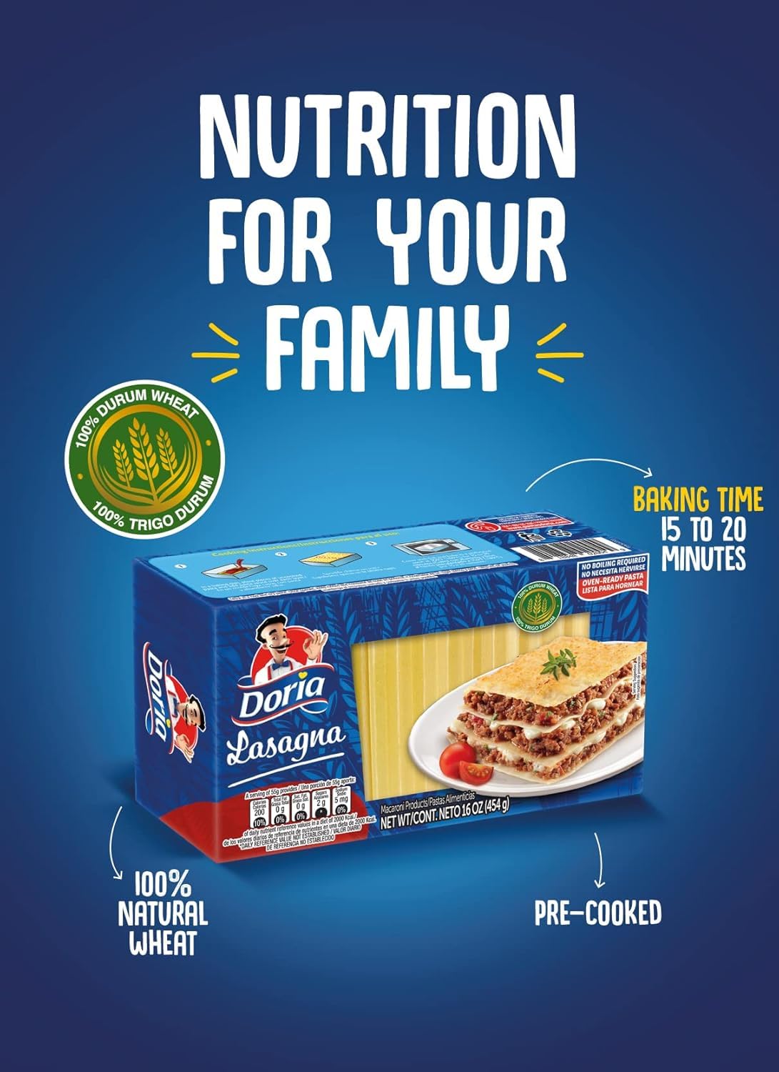 Doria Lasagna, Pasta with Durum Wheat Semolina, 16 oz (Pack of 3)