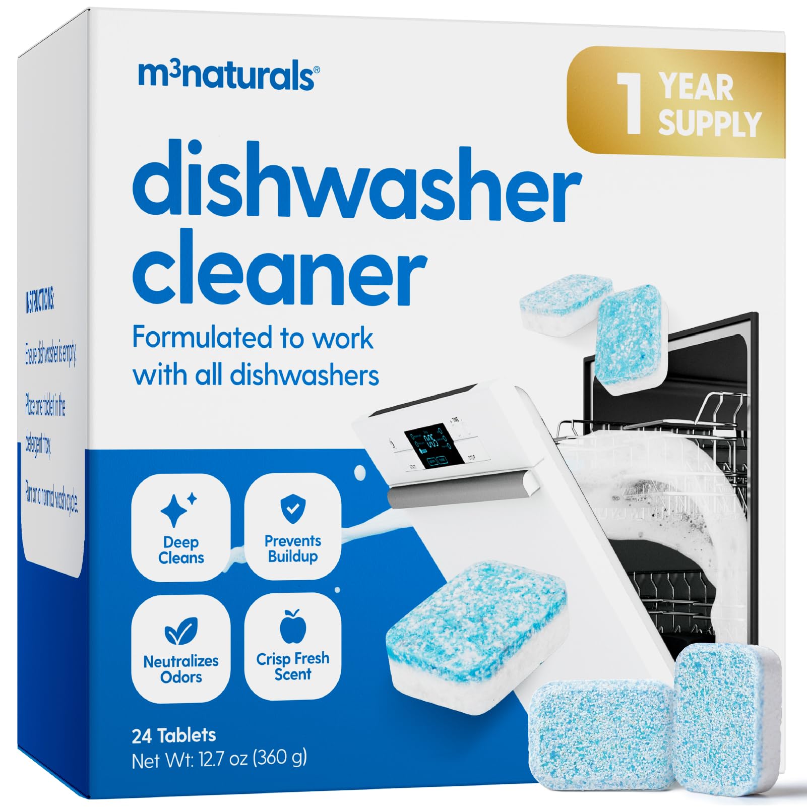 Dishwasher Cleaner & Deodorizer Tablets, Fights Grime, Grease, Limescale, Residue & Odor, Heavy Duty Cleaning Descaler Pods, Septic Safe, 24 Fresh