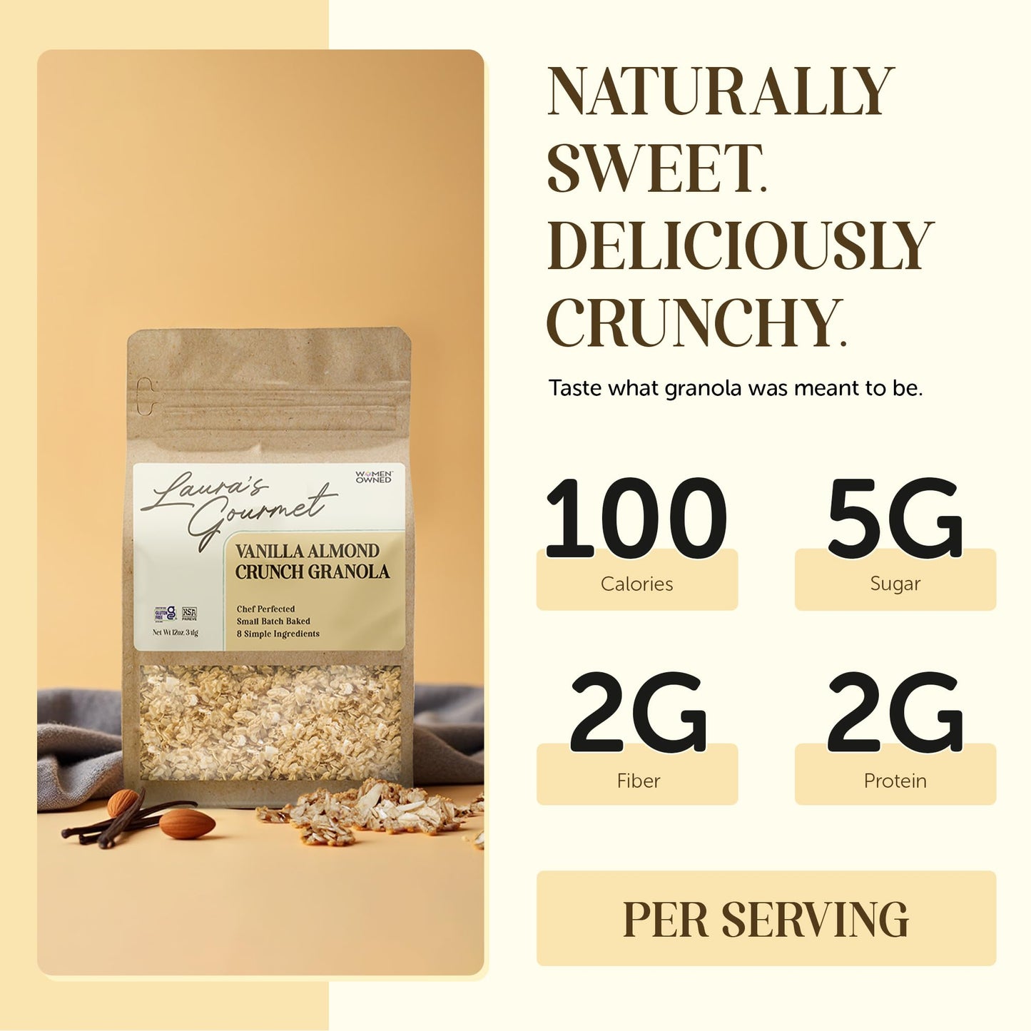 Laura's Gourmet Granola - Vanilla Almond Crunch - Gluten, Soy & Dairy Free - Organic Premium Honey, Almonds & Pure Ground Vanilla, Chef's Trifecta