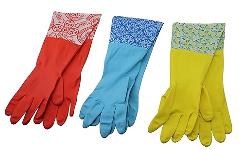 Dependable Industries inc. Essentials 3 Pair Decorative Boutique Latex Cleaning Dishwashing Gloves with Fancy Cuff Size Medium Random Designs