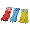 Dependable Industries inc. Essentials 3 Pair Decorative Boutique Latex Cleaning Dishwashing Gloves with Fancy Cuff Size Medium Random Designs