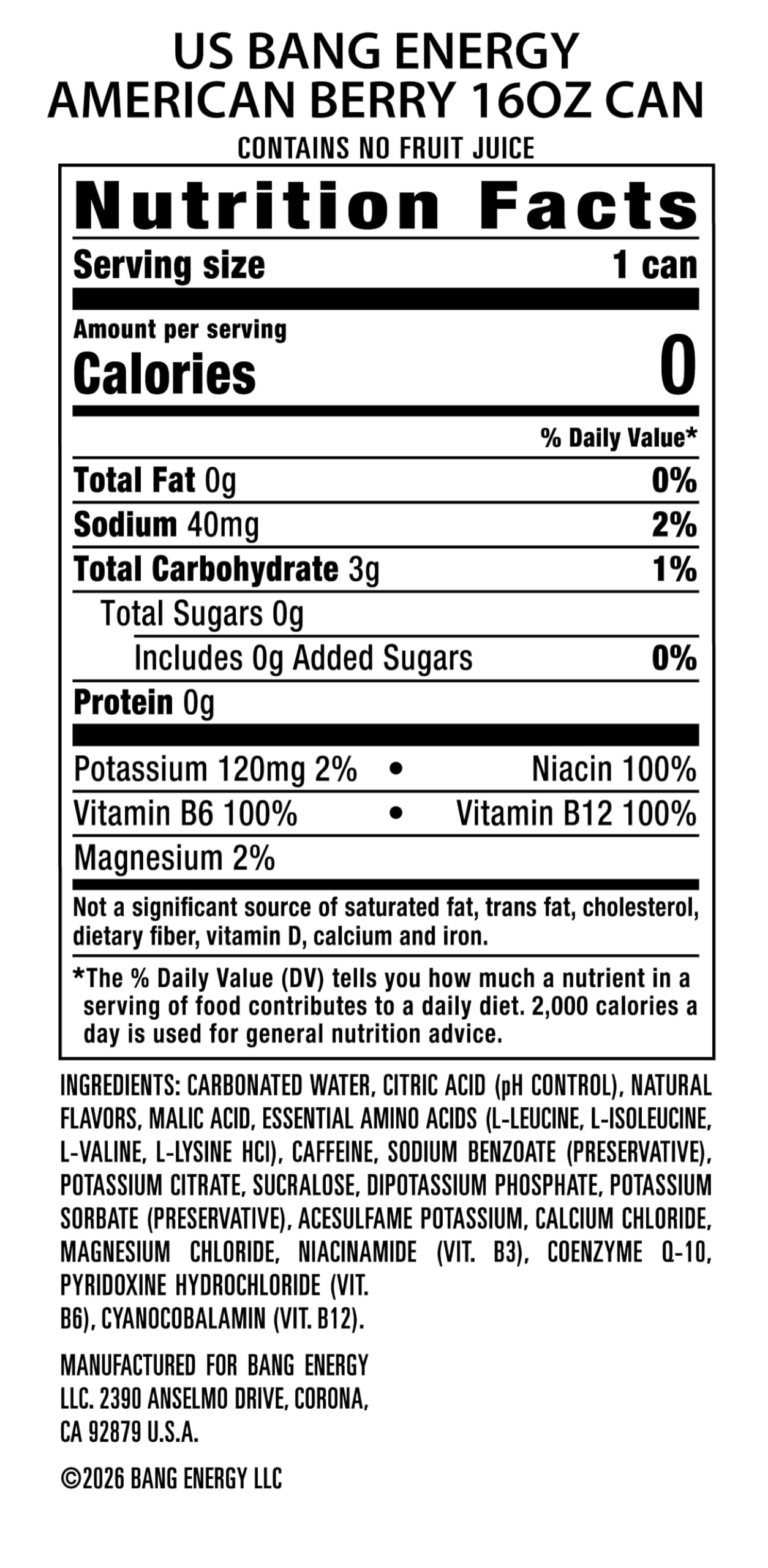 Bang Energy American Berry, Sugar-Free Energy Drink, 16-Ounce (Pack of 12)