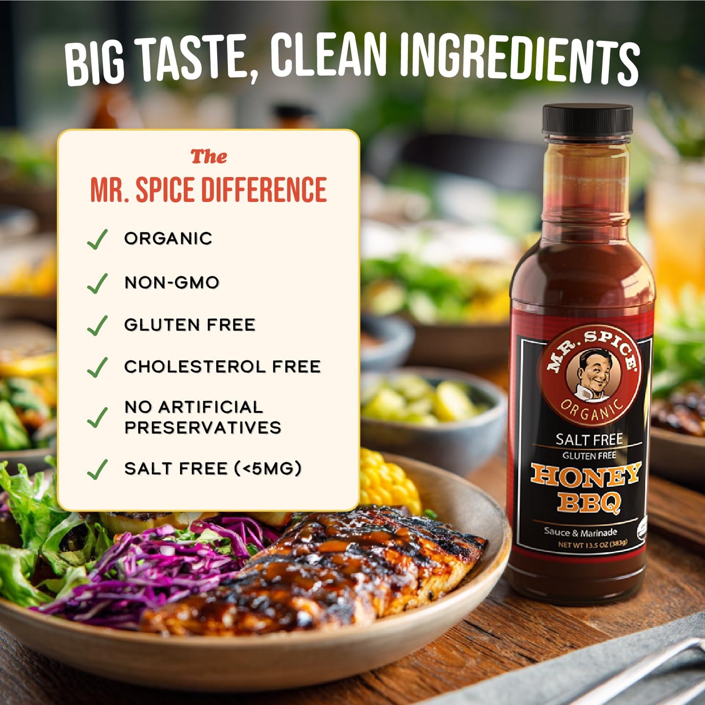 Mr. Spice Organic Honey BBQ Sauce, Salt Free BBQ Sauce (5mg/serving), Gluten Free, Low Sodium Barbecue Sauces for Marinade, Grill & Air Fryer, No Salt