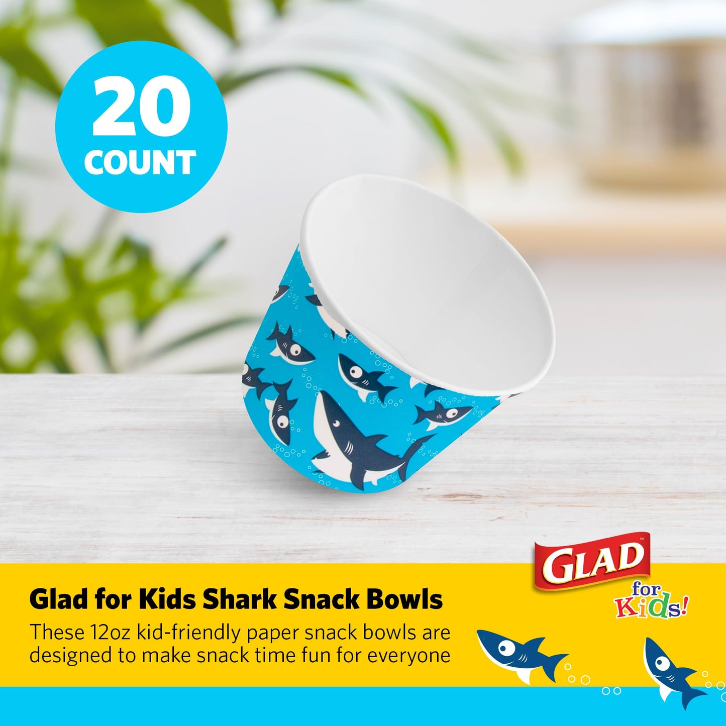 Glad for Kids Shark Paper Snack Bowls, Lids Not Included - Heavy Duty, Soak-Proof, Microwavable Kid-Friendly Disposable Snack Cups, No Lids Included