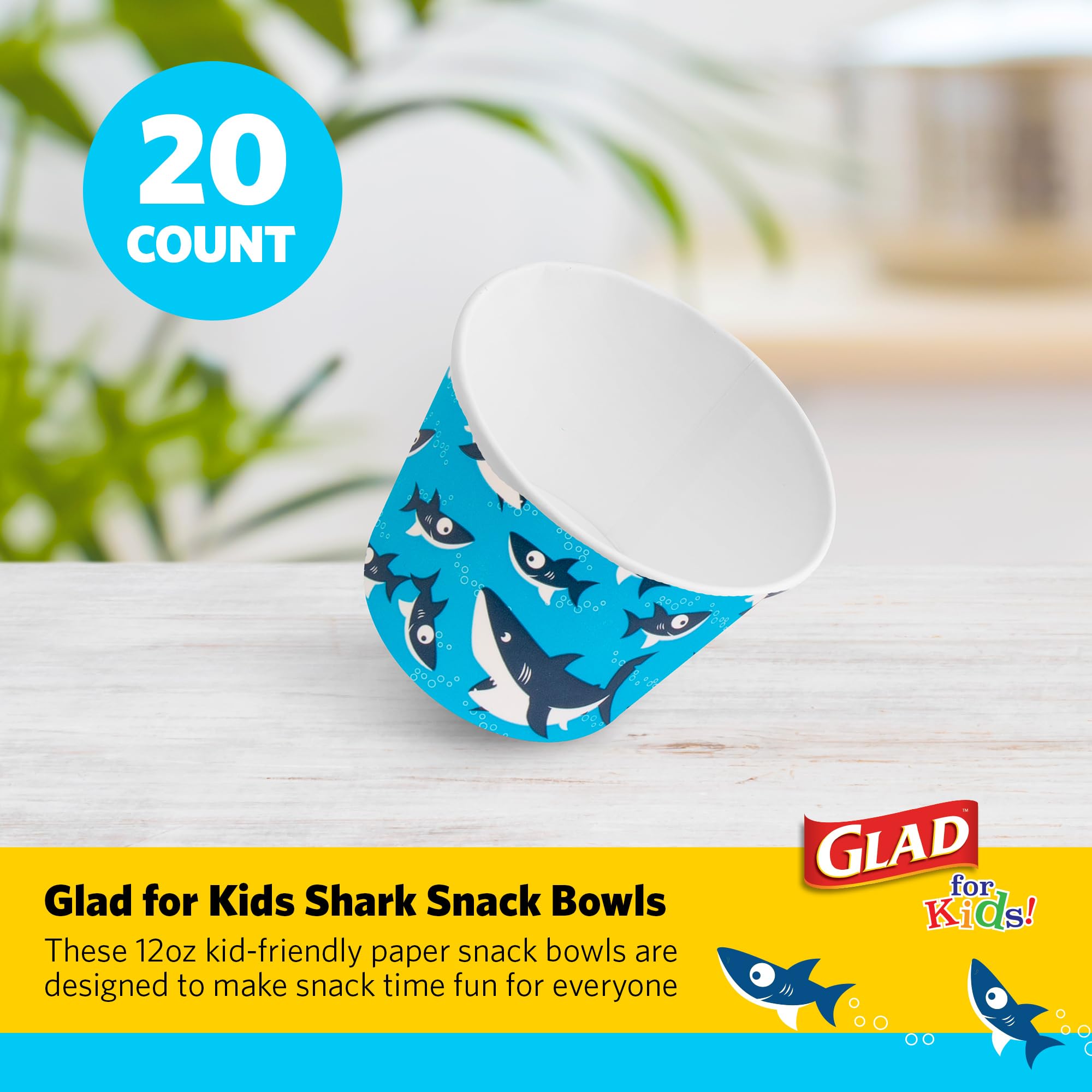Glad for Kids Shark Paper Snack Bowls, Lids Not Included - Heavy Duty, Soak-Proof, Microwavable Kid-Friendly Disposable Snack Cups, No Lids Included
