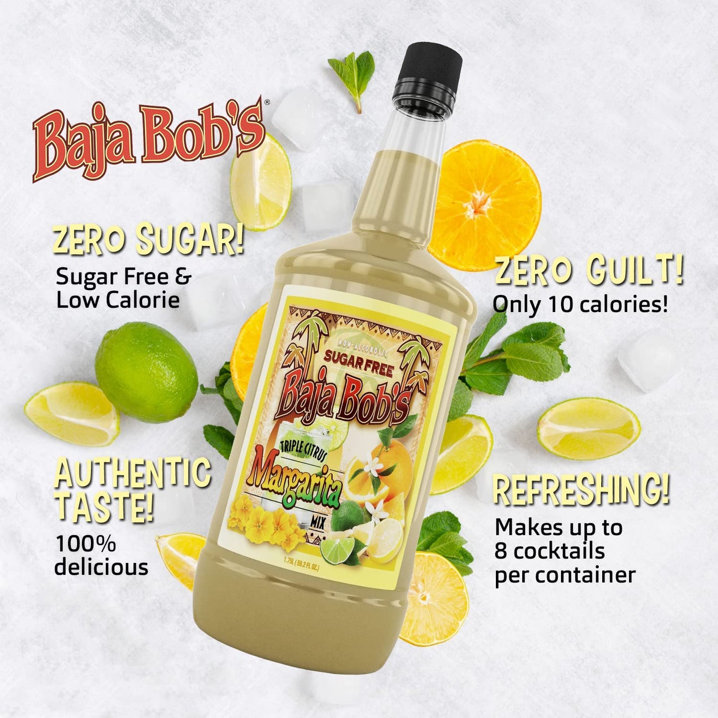 Baja Bob's Sugar Free TRIPLE CITRUS MARGARITA Mix, 1.75L - Cocktail Mixer - Keto Friendly - Low Calorie - Low Carb