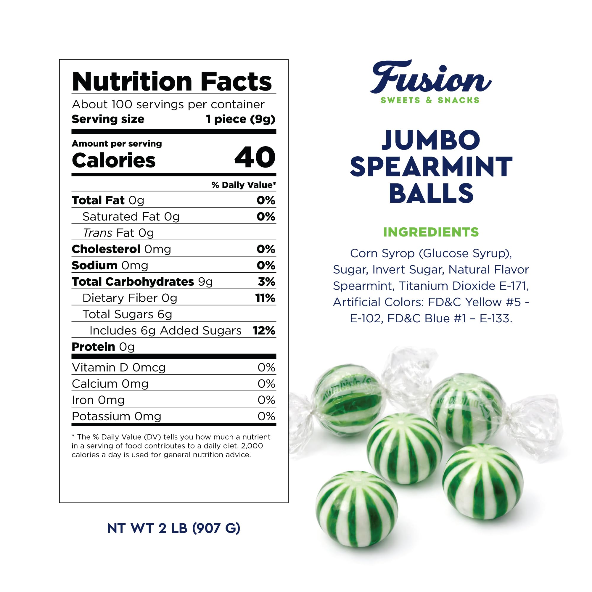 Jumbo Spearmint Mint Balls - 2 Pound Bulk Bag, Spearmint Candy Individually Wrapped, Green And White Candy Jumbo Pieces, Hard Mint Spheres