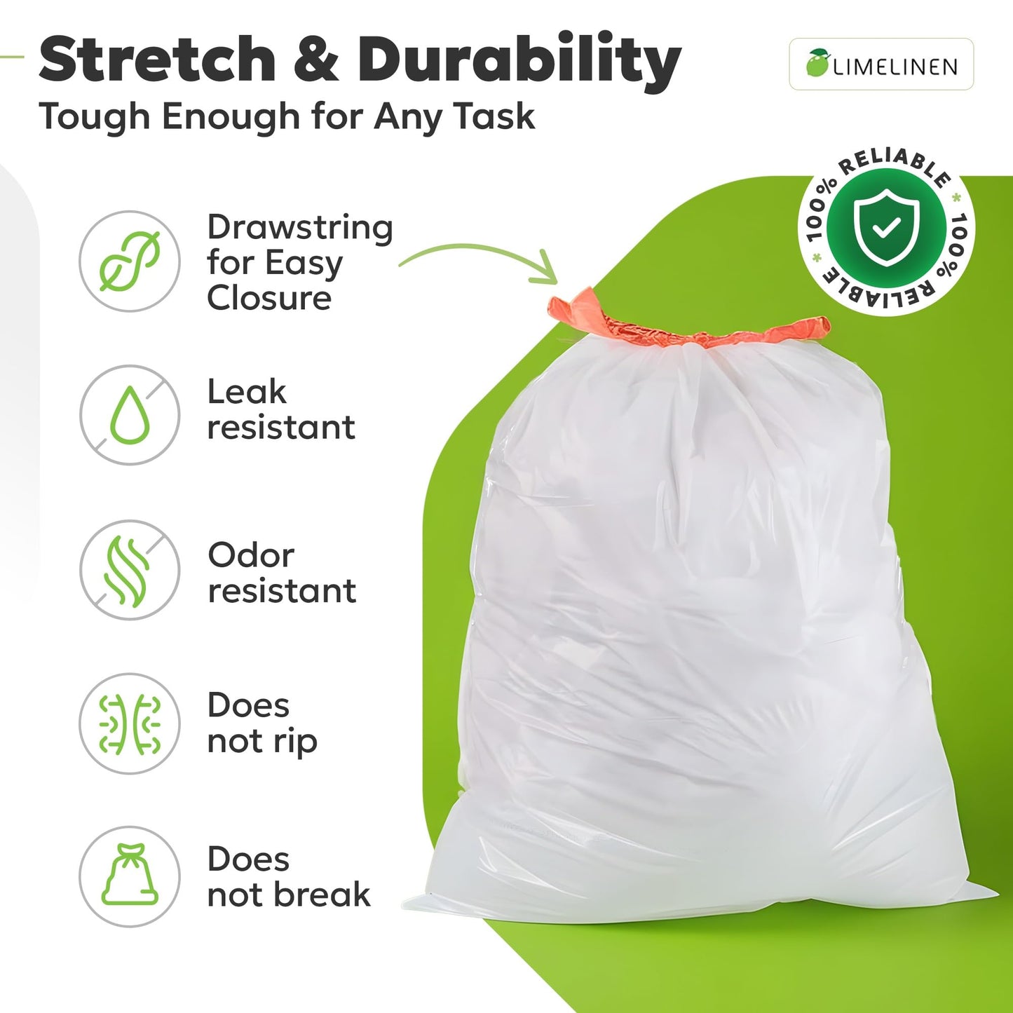 LIMELINEN Tall Kitchen Trash Bags with Drawstring, 200 Count, 13-gallon Trash Bag of 0.9 mil Thickness, Leak and Odor-Resistant, Heavy-Duty Plastic