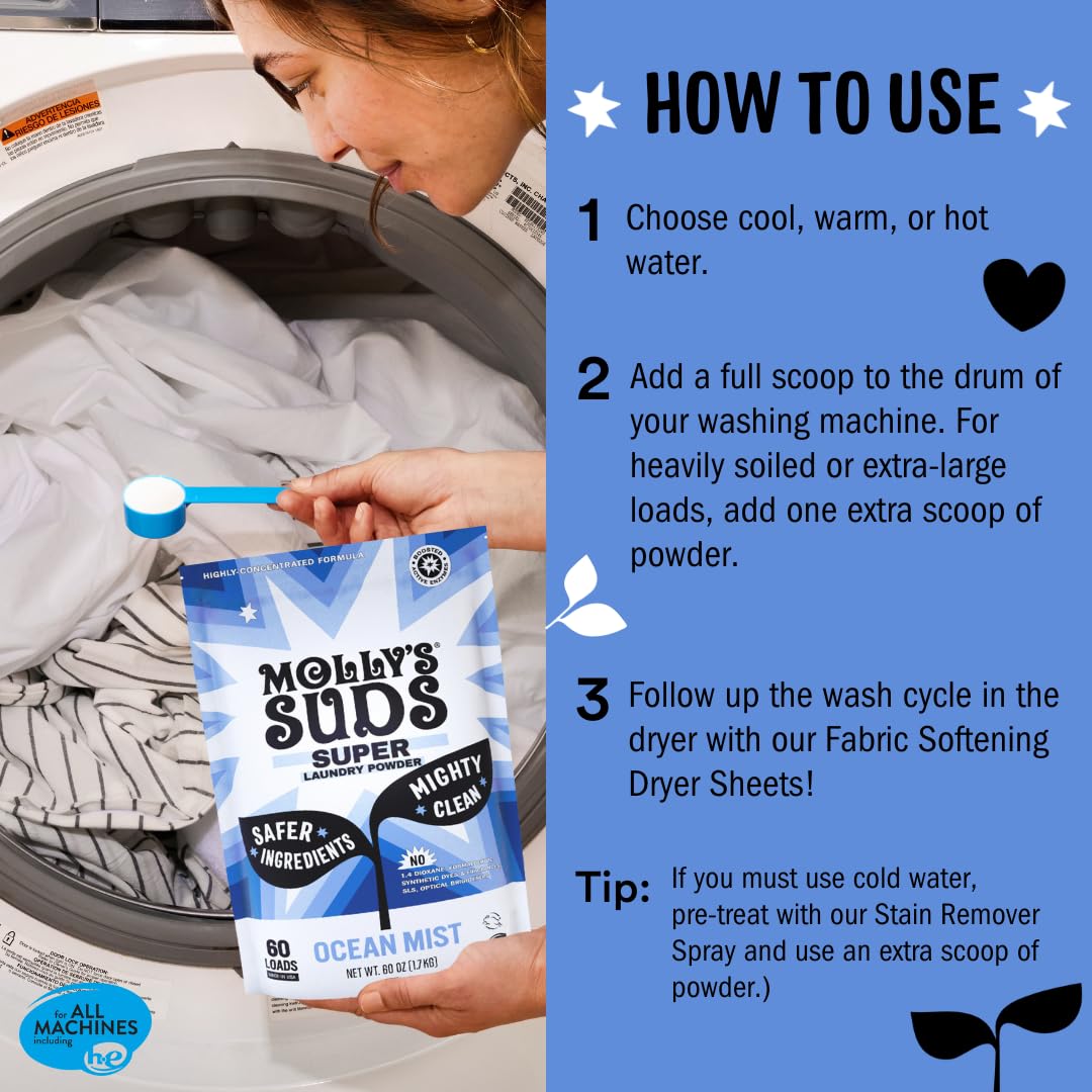 Molly's Suds Super Powder Detergent | Extra Strength Laundry Soap, Stain Fighting | Sensitive Skin | Simple, Effective Ingredients | 60 Loads - Ocean