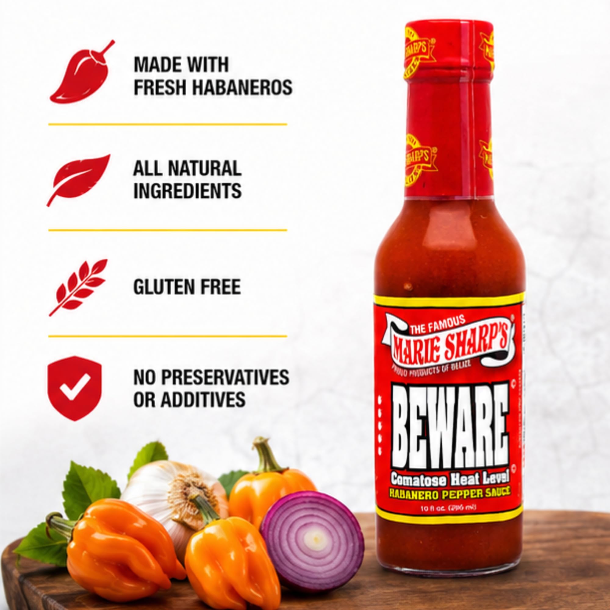 Marie Sharp’s BEWARE Comatose Heat Level Habanero Pepper Sauce, 10 oz | Extreme Heat Hot Sauce from Belize | All-Natural, No Preservatives |