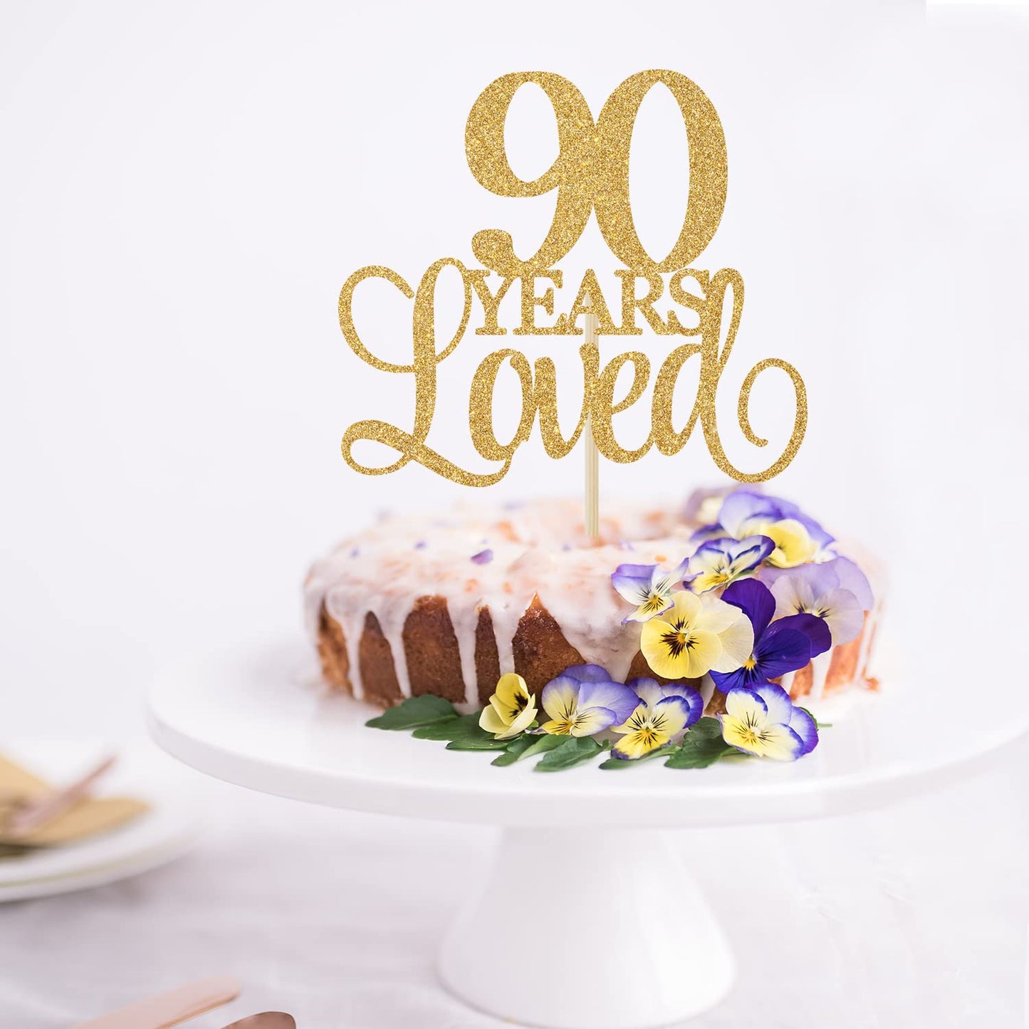 90 Years Loved Cheers to 90th Anniversary, Gold Glitter Birthday Party Favor Supplies