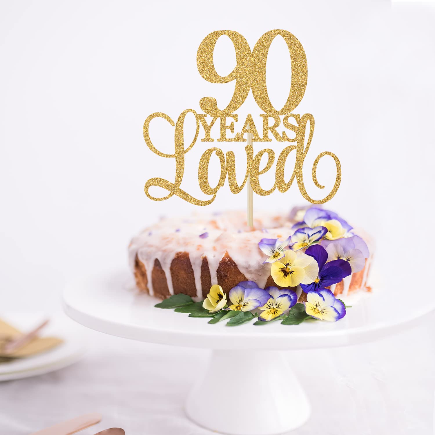 90 Years Loved Cheers to 90th Anniversary, Gold Glitter Birthday Party Favor Supplies